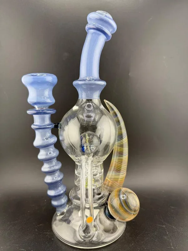 Brando Glass Blooper – Large Format UV Blue w/ Marble Attachments Fumed Horn 14mm 90°