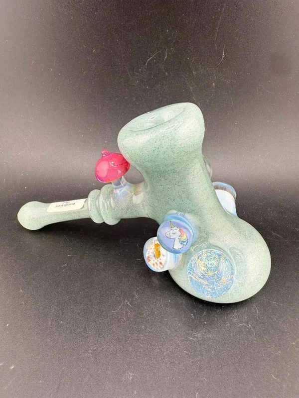 Brando Glass Hammer Pipe – Teal Sparkle UV Glow w/ Pink Mushroom & Rainbow Bright Millies