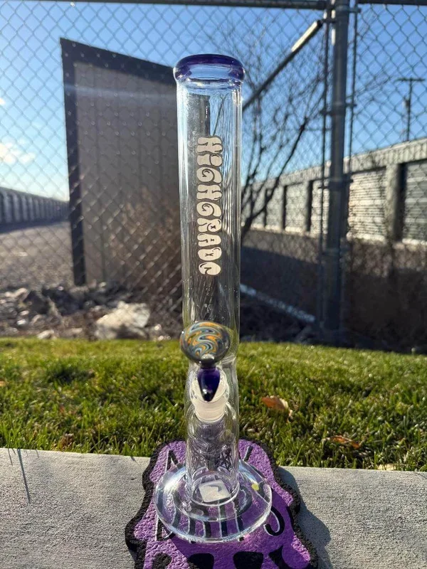 Highgrade Glass Flower Straight Tube – Rainbow & Blue Wig Wag Color Color Accent Pistol Loop 14mm 45°