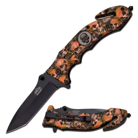 Master USA Spring Assist Knife- Orange Skulls